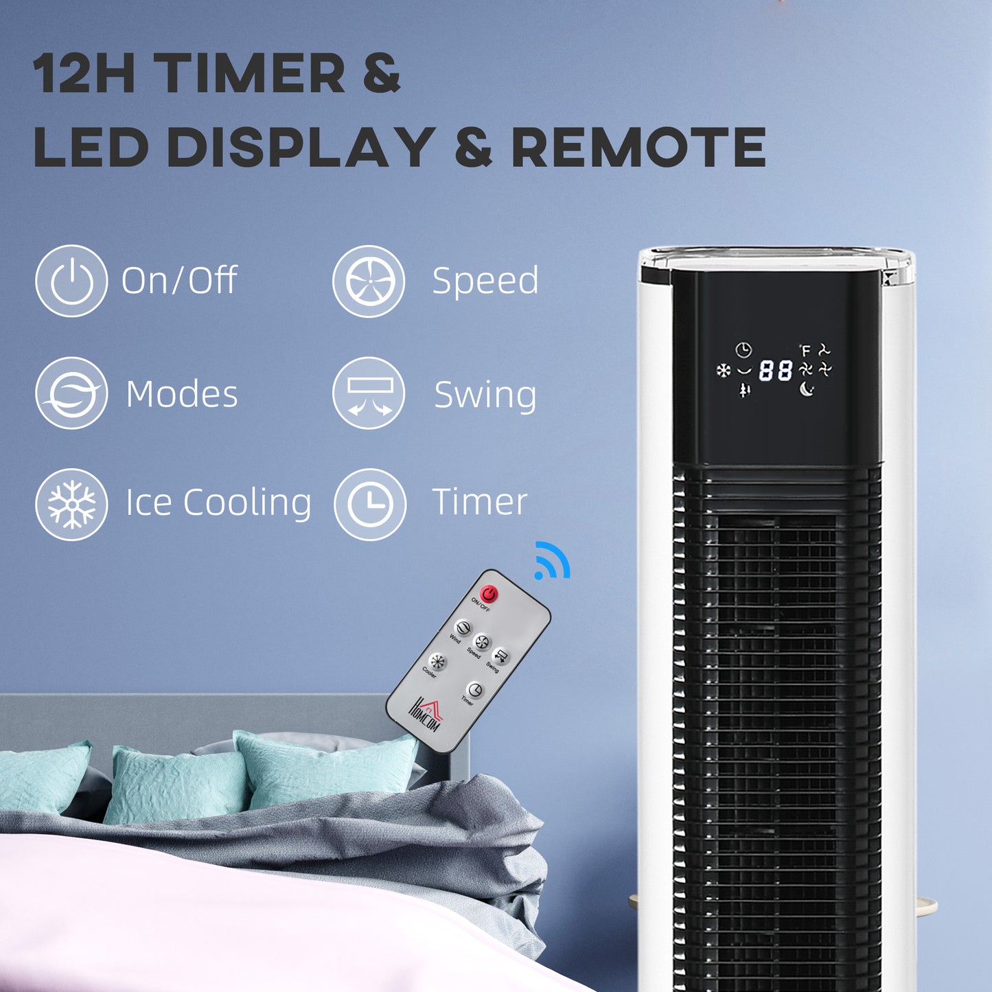 HOMCOM tower air cooler close-up showing its LED display, black vent, and remote control.