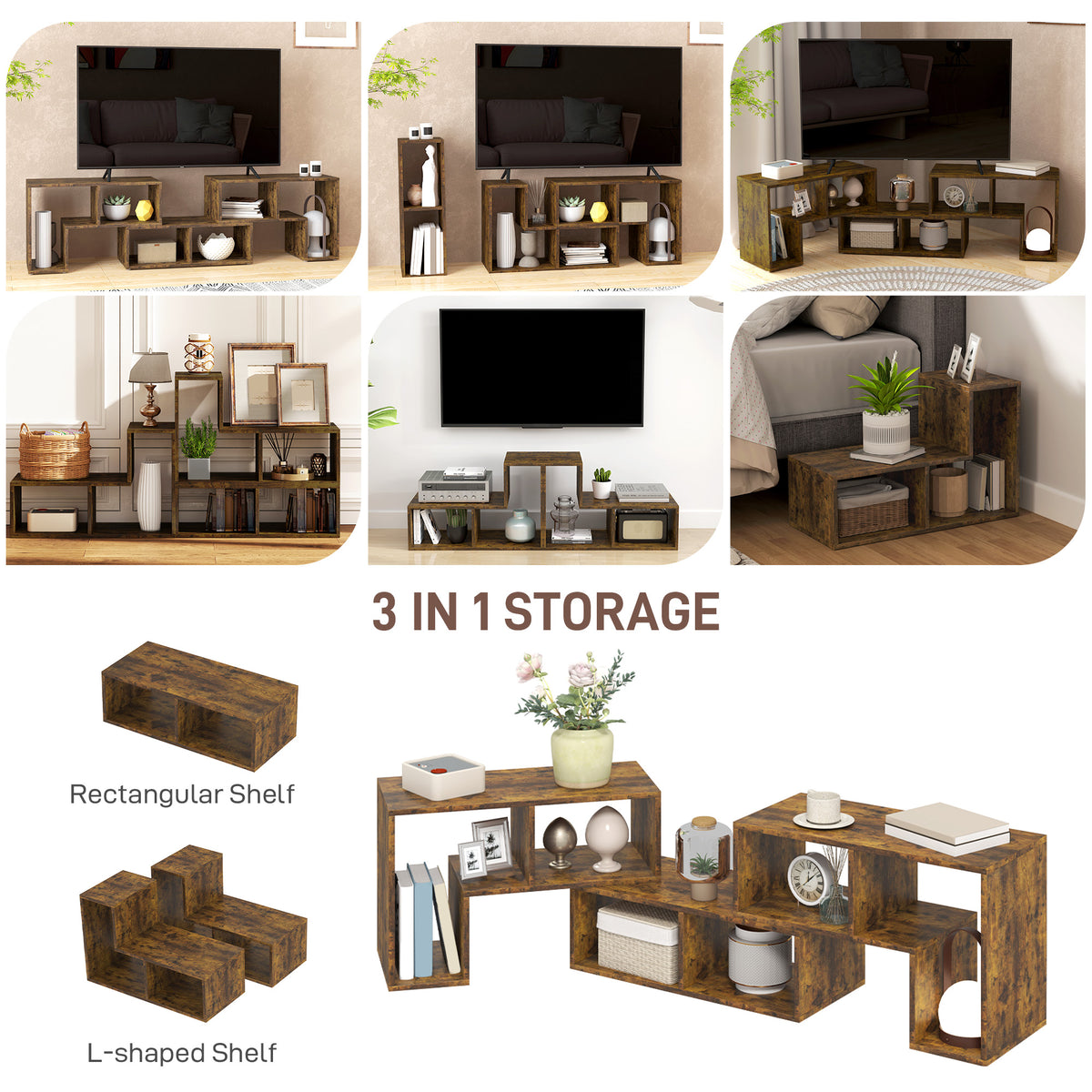 HOMCOM three-block TV stand arranged as a media console, corner shelf, and storage unit.
