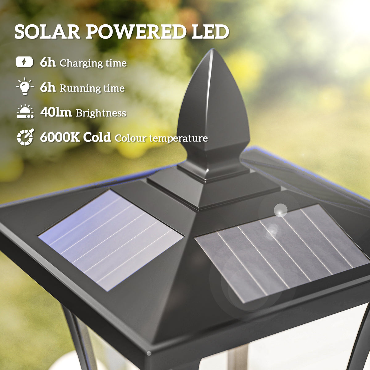 Black solar lantern roof with two integrated solar panels