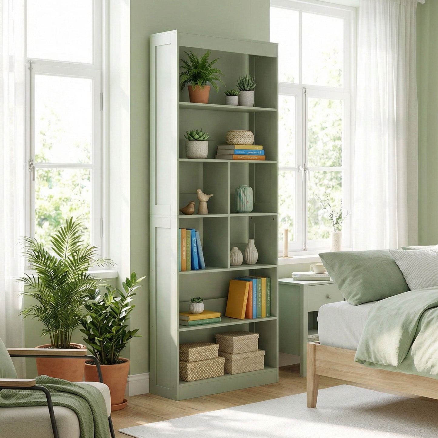 HOMCOM Bookcase, 6-Tier Bookshelf with Open Storage Shelves, Cubes, 180 cm Tall Display Shelf with Anti-Tipping Design, Green