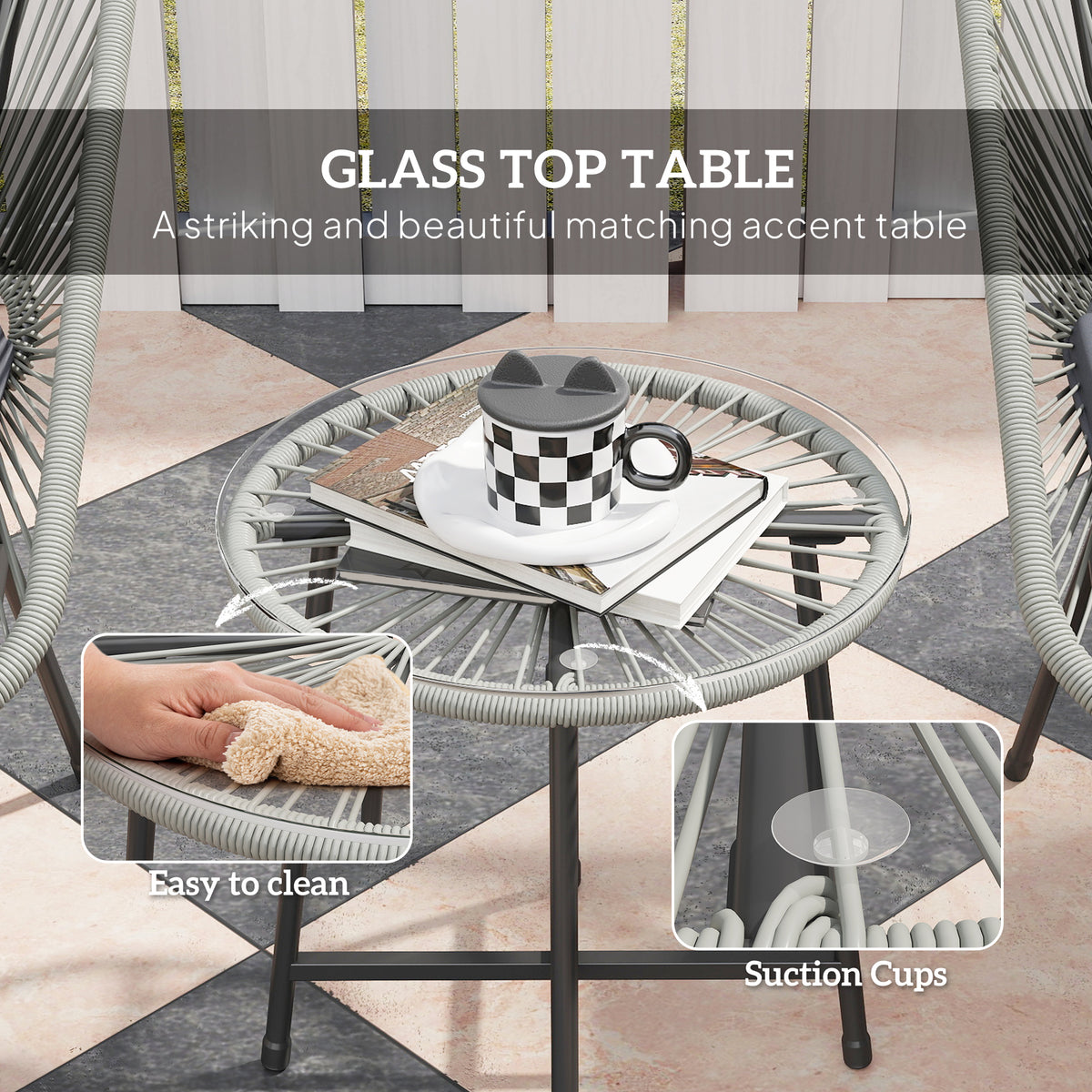 Round glass-top wicker bistro table with suction cups securing the glass