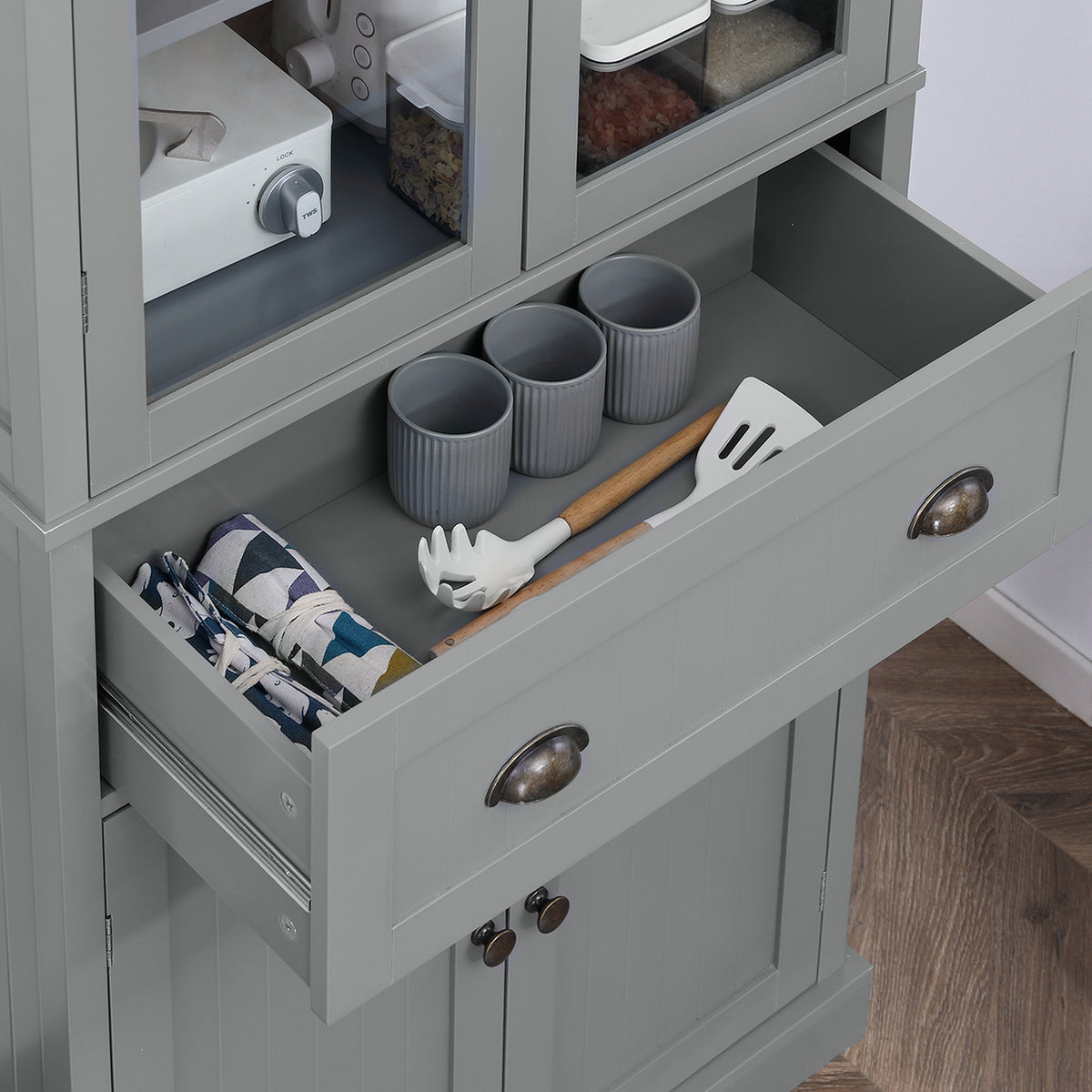 HOMCOM 180cm Tall Kitchen Pantry Cupboard, Freestanding Storage Cabinet with 5 Tier, Adjustable Shelves, Drawer, Grey