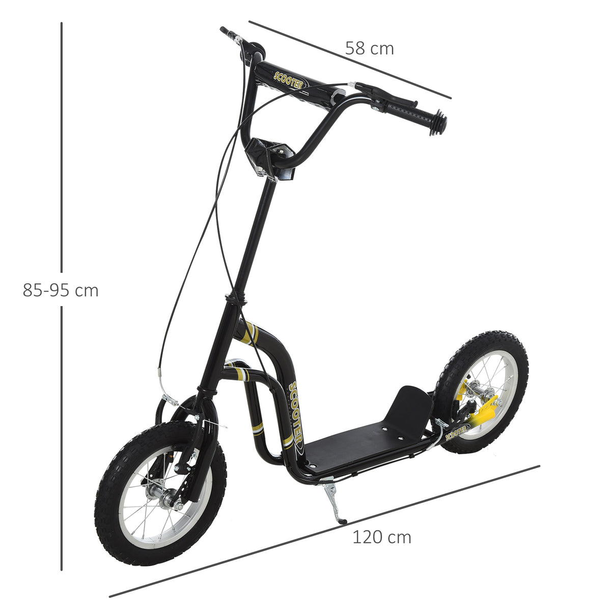 Black kids' stunt scooter with adjustable handlebars, large rubber tires, and kickstand