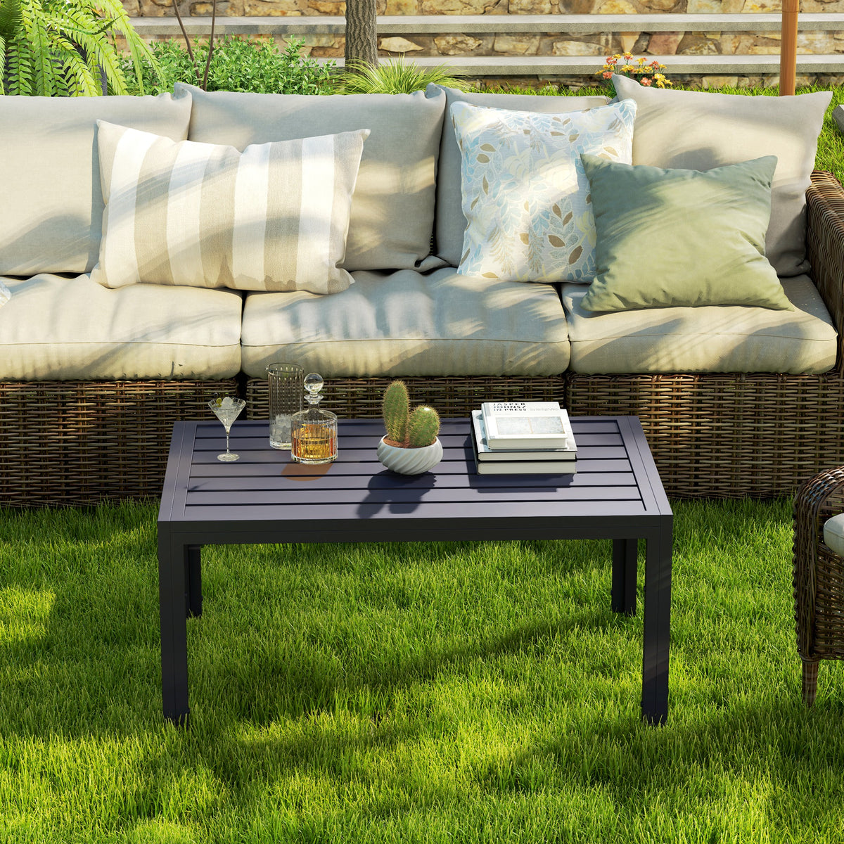 Outsunny Outdoor Side Table, Rectangular Patio Coffee Side Table with Steel Frame and Slat Tabletop for Garden, Balcony, Grey