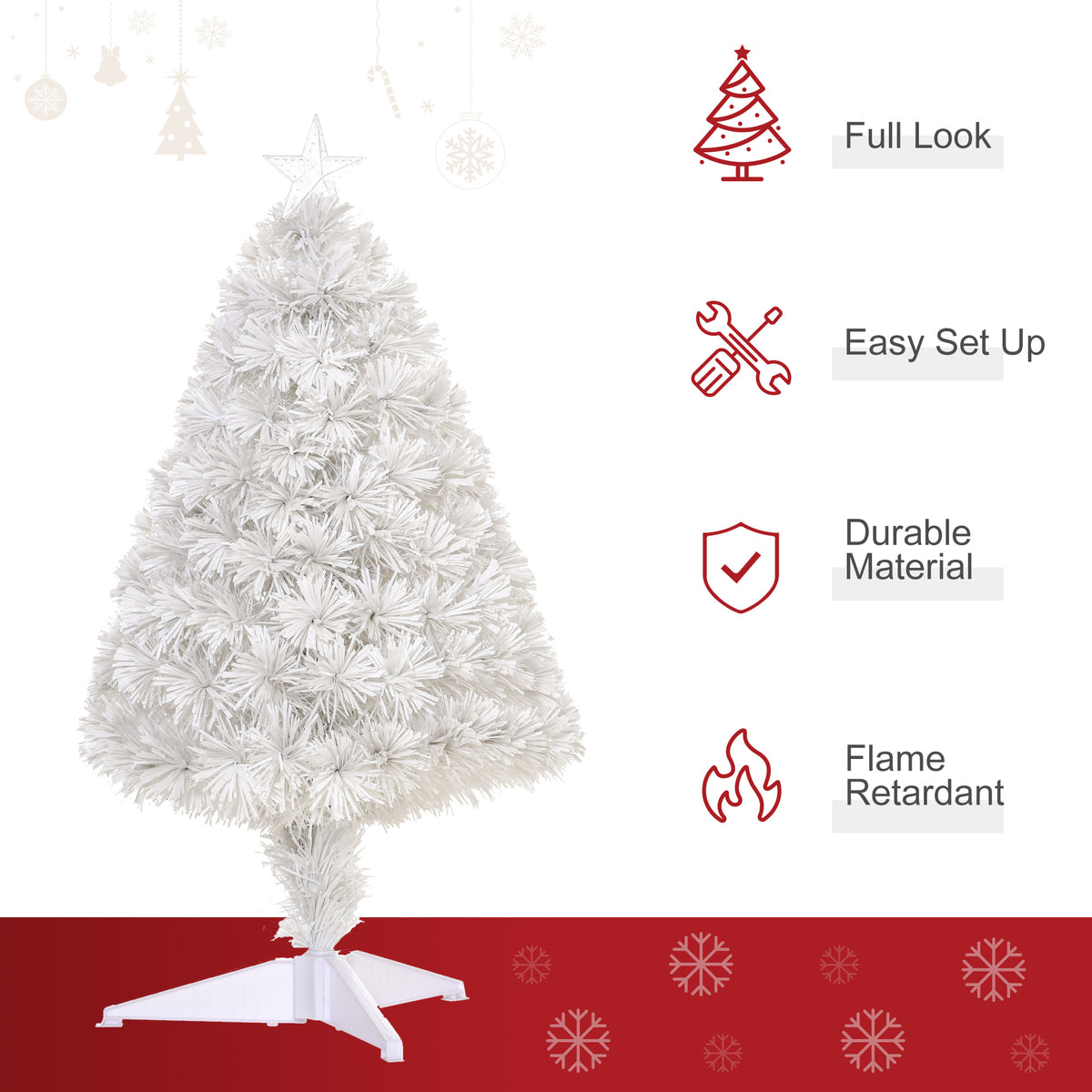 White pre-lit artificial tabletop Christmas tree with fibre-optic lights and a white stand.