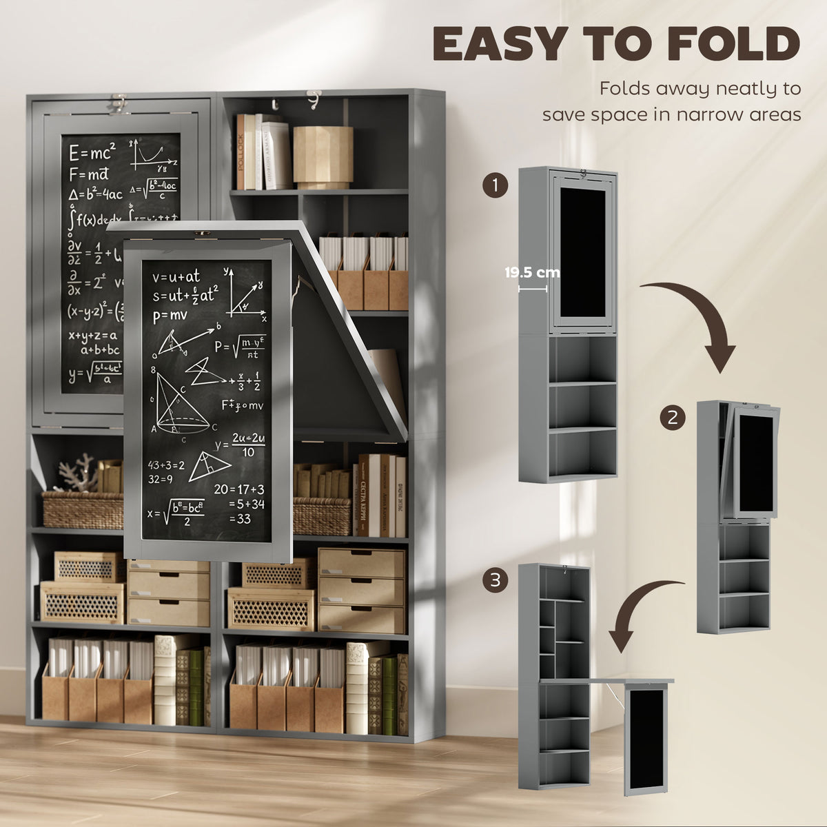 Grey folding desk with blackboard panel shown in open, partly folded, and closed configurations.