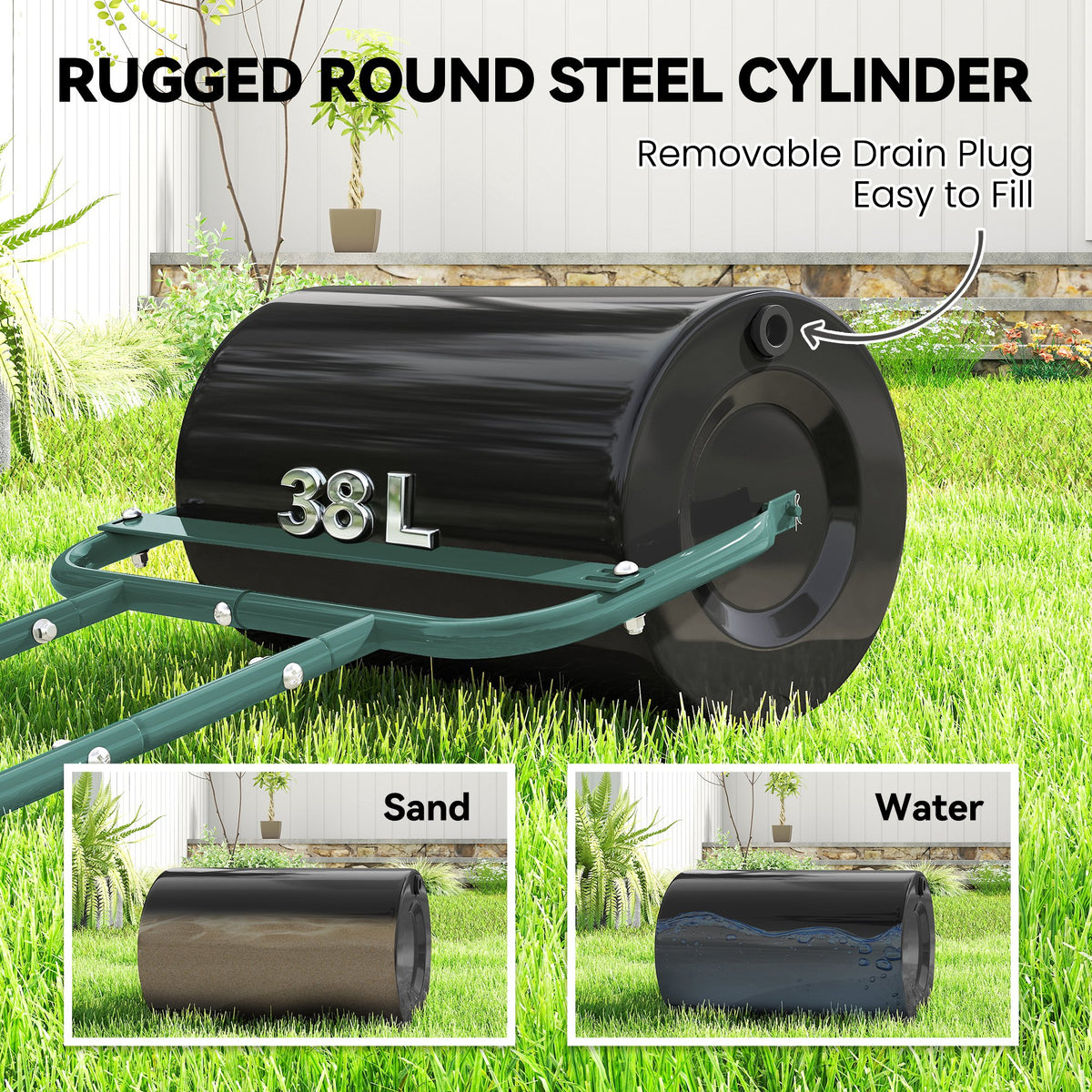 Outsunny 38L Fillable Cylinder Steel Lawn Roller - Dark Green