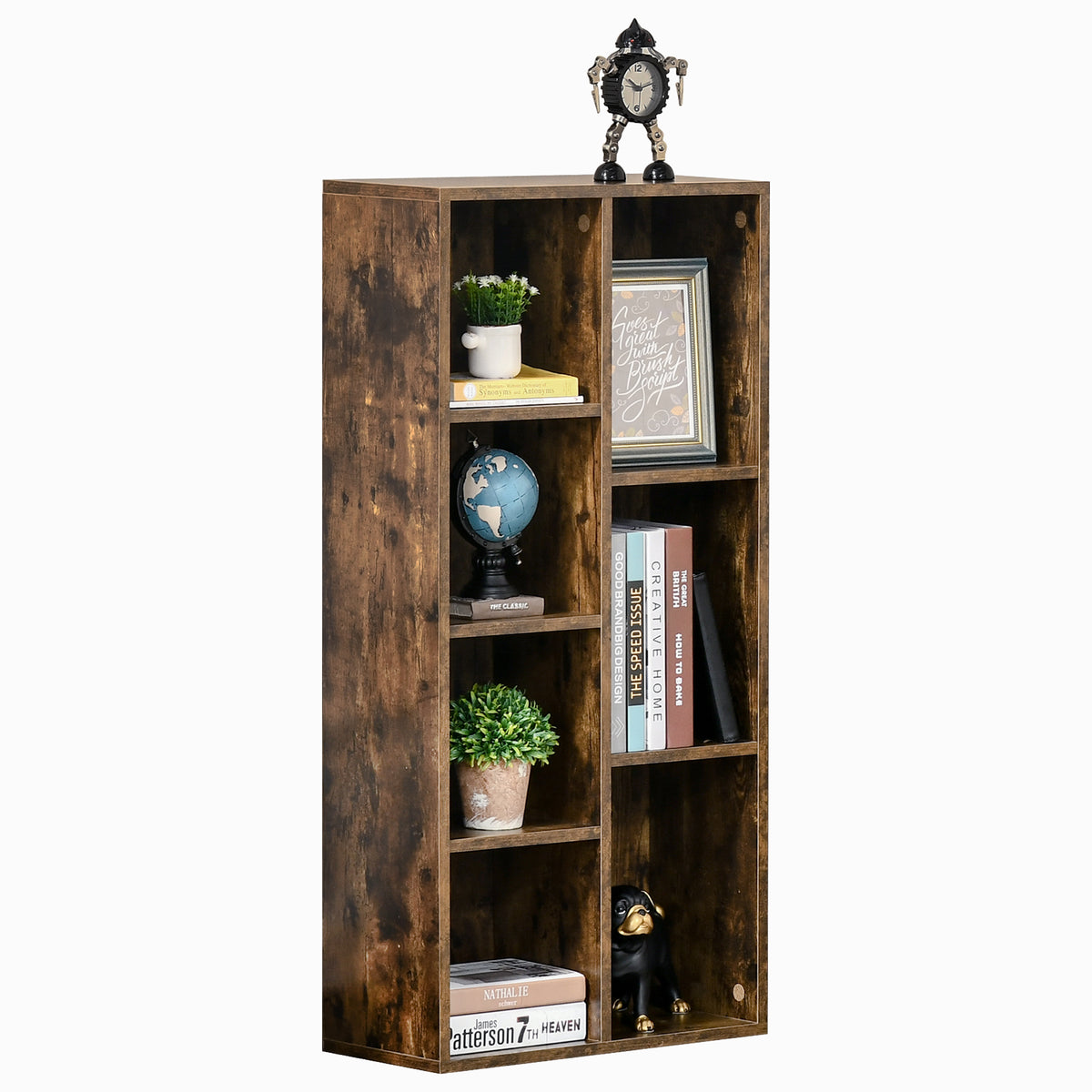 Rustic brown bookcase with seven open compartments for books and decor.