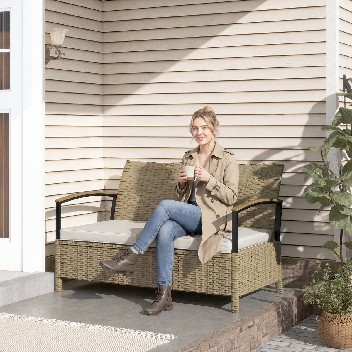 Outsunny 125L Garden Storage Bench, 2 Seater PE Rattan Outdoor Bench Storage Box with Padded Cushion, Khaki