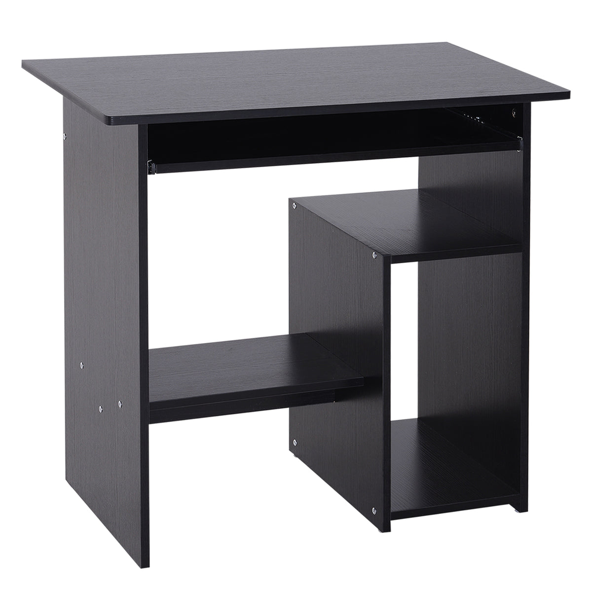 Black compact computer desk with pull-out keyboard tray and open storage shelves