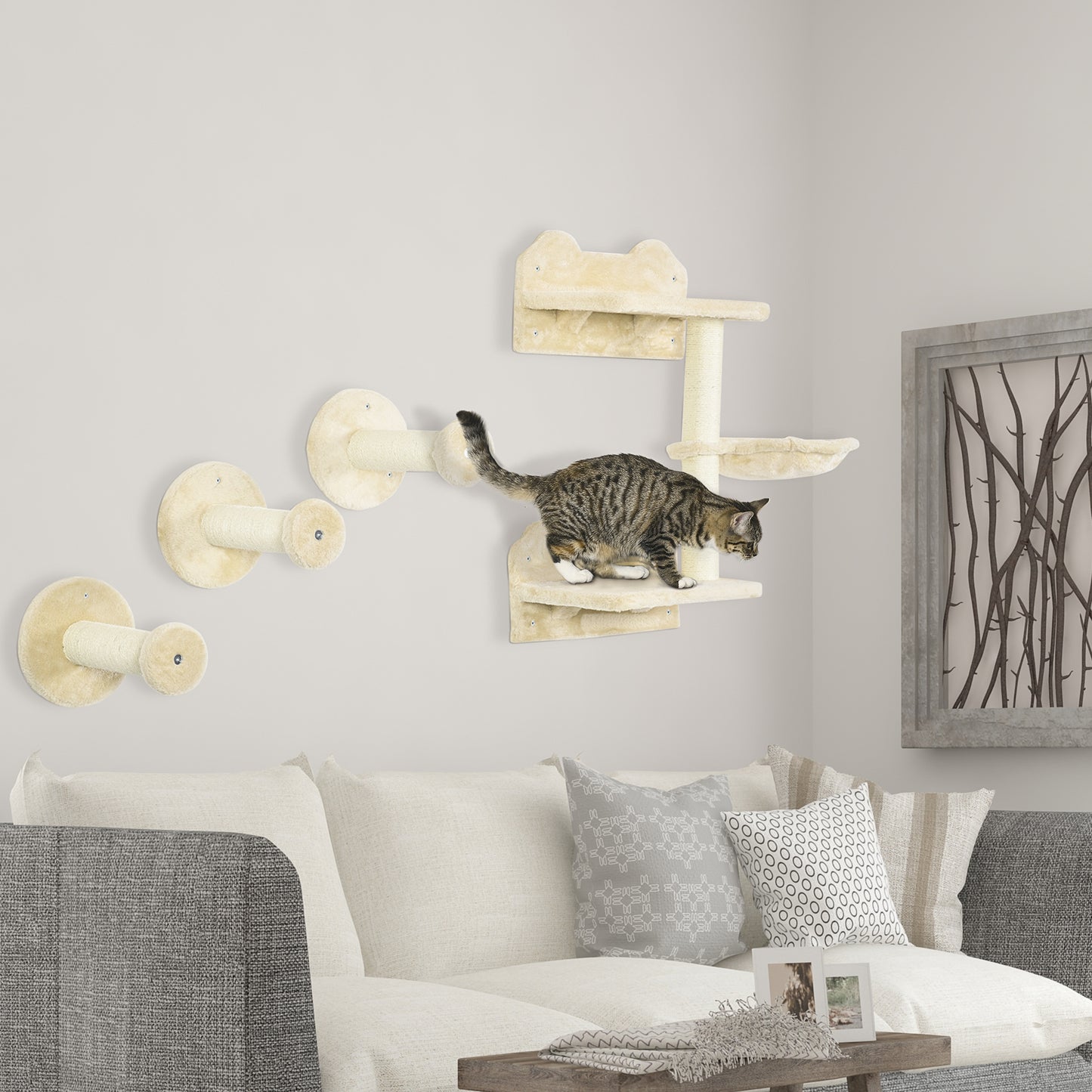 PawHut 4 Piece Cat Shelf with Scratching Post, Wall-Mounted Cat Tree for Indoor Cat - Beige