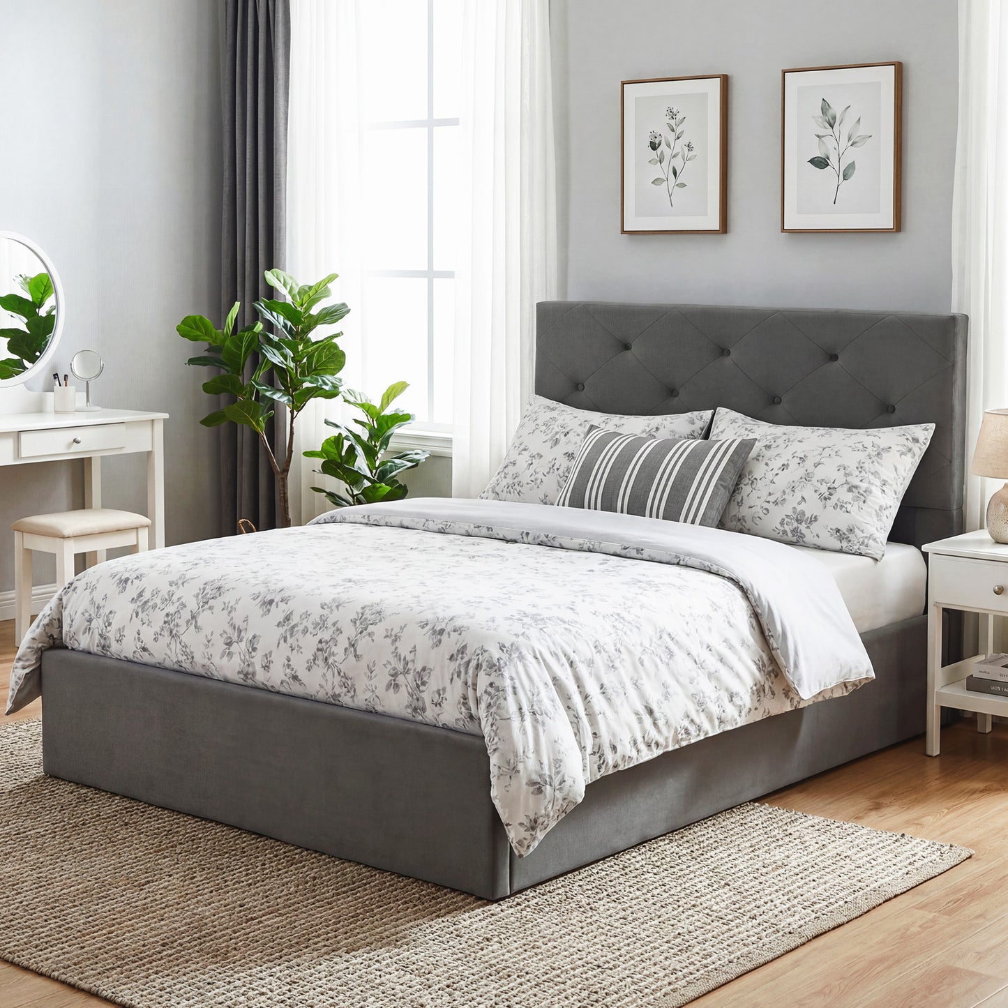 HOMCOM King Size Bed Frame Gas End Lift Under Bed Storage Upholstered Platform Bed Tufted Headboard for 150 x 200 cm Mattress