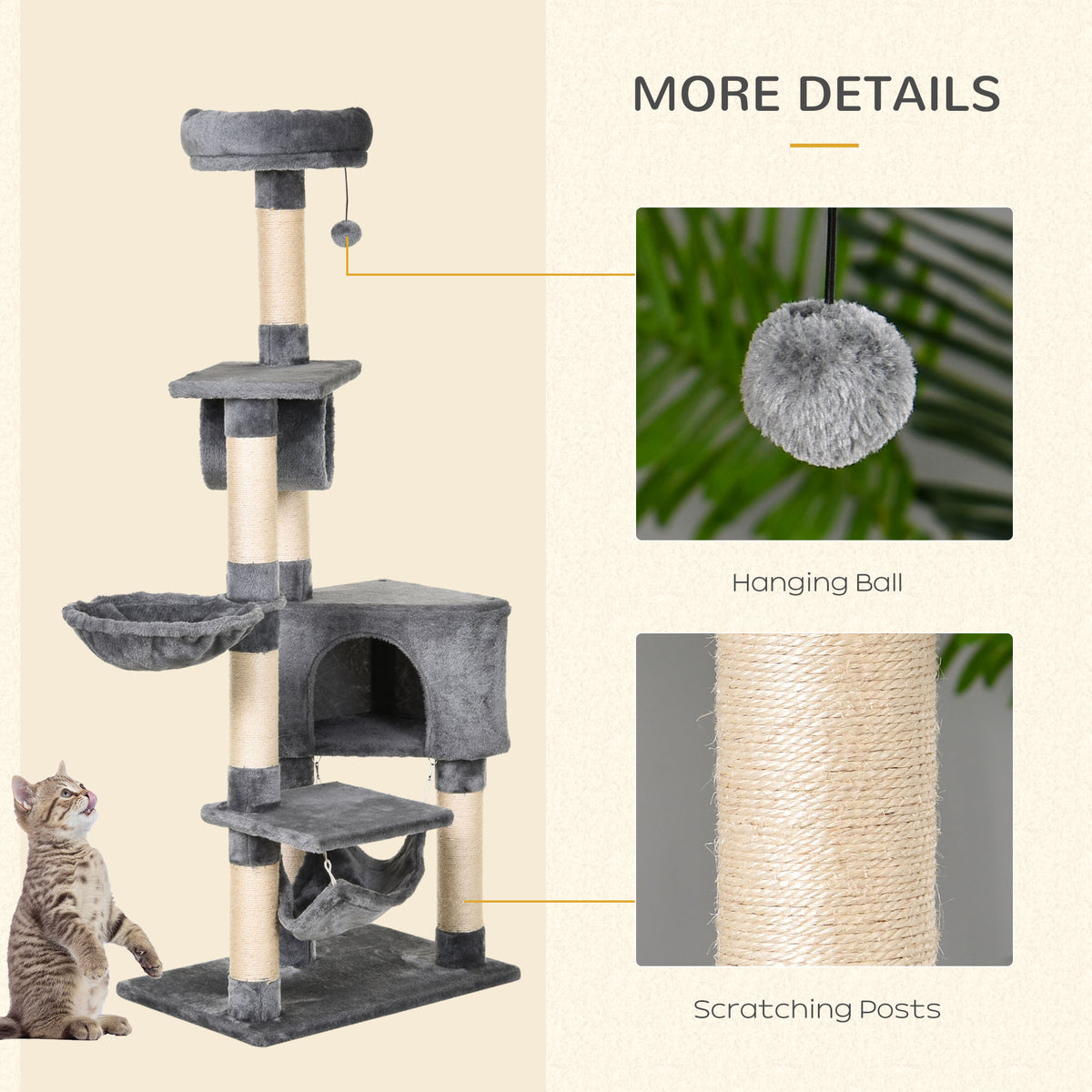 Multi-level gray cat tree with hanging ball toy, condo, hammock and scratching posts
