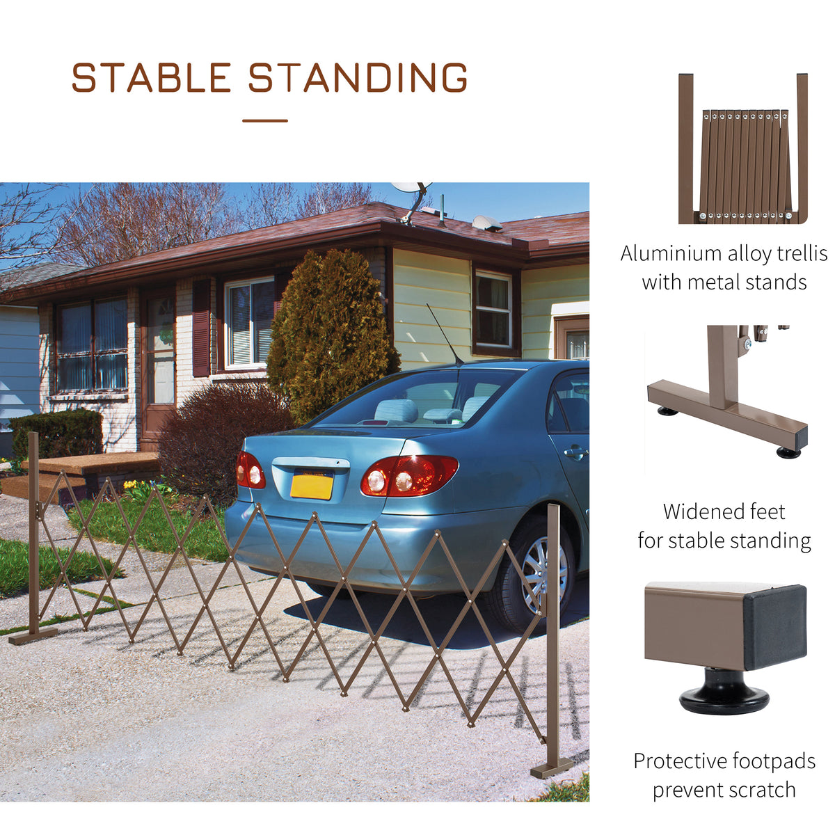 Outsunny expanding fence with freestanding metal stands and wide feet with protective pads