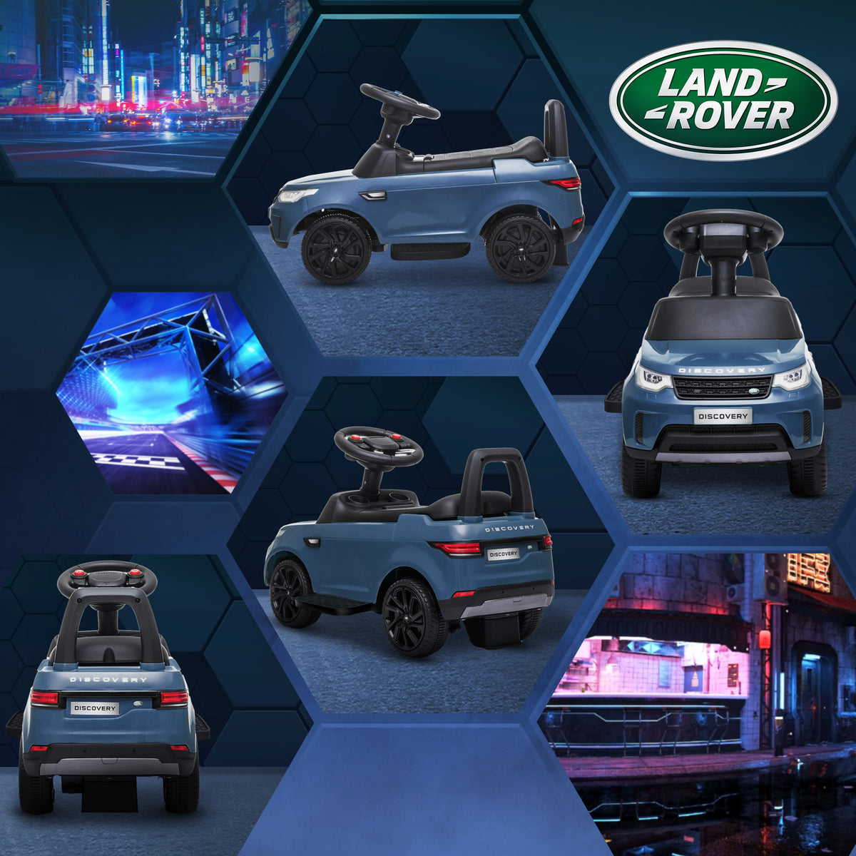 AIYAPLAY Land Rover ride-on car shown from front, rear and side