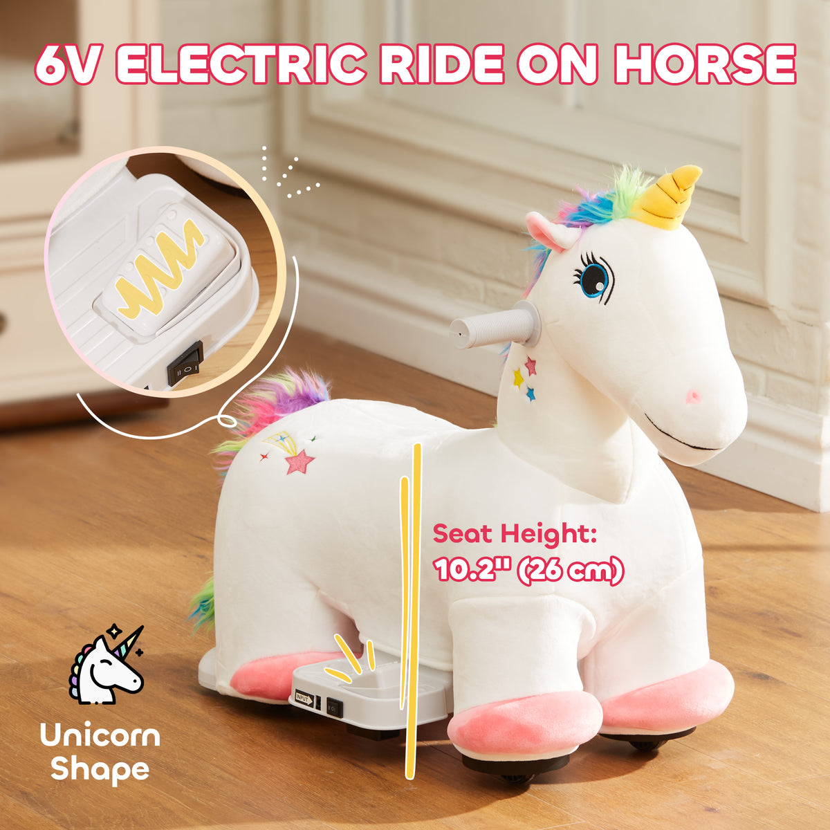 AIYAPLAY ride-on unicorn with padded seat, foot pedal and music controls