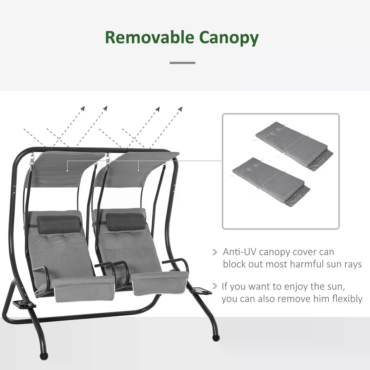 Outsunny double canopy swing with removable gray canopy panels
