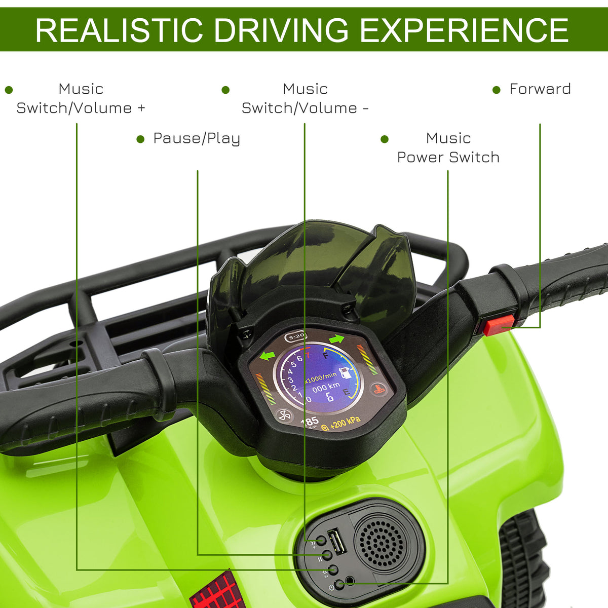 Close-up of the quad bike's handlebar controls, dashboard, music buttons, and speaker.