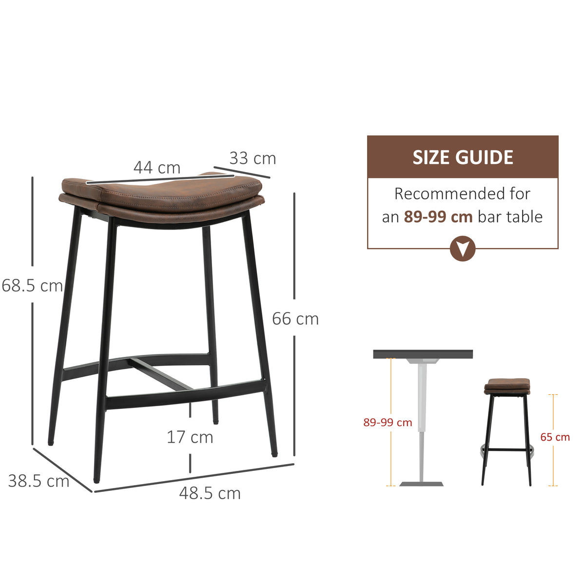 Bar stool with dimensions and a recommended bar table height of 89–99 cm