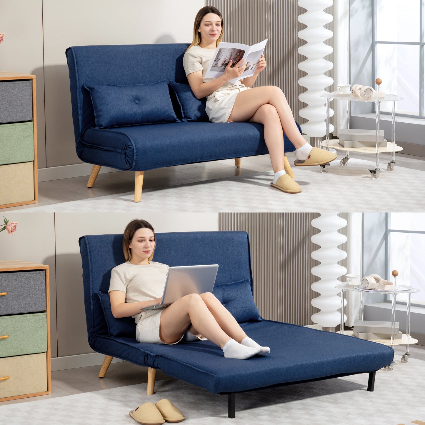 HOMCOM Two-Seater Linen-Look Sofa Bed - Dark Blue