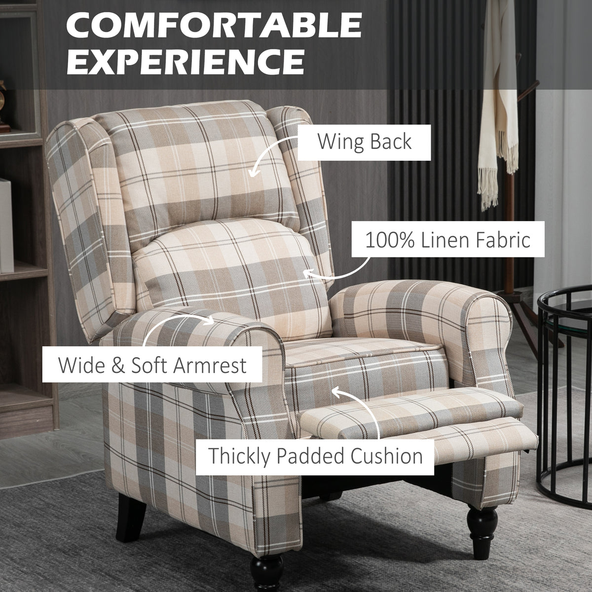 HOMCOM khaki plaid recliner with wingback, wide padded arms and extended footrest.