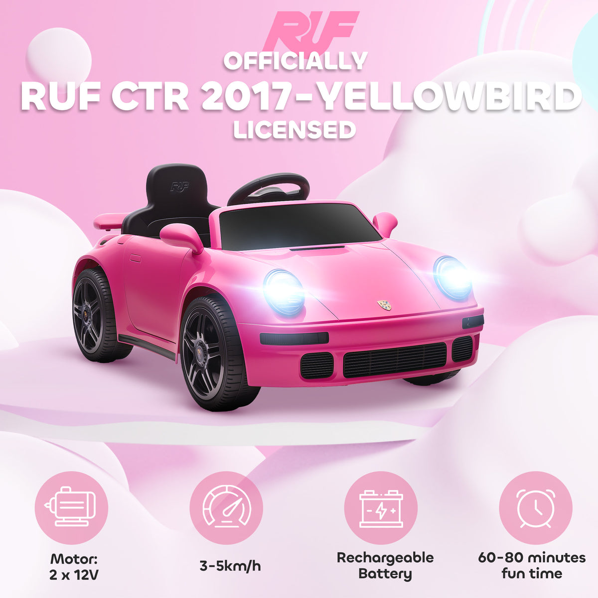 AIYAPLAY Licensed RUF CTR 2017-Yellowbird Electric Car for Kids, with Remote Control, Soft Start, MP3 Player, LED Lights, Pink