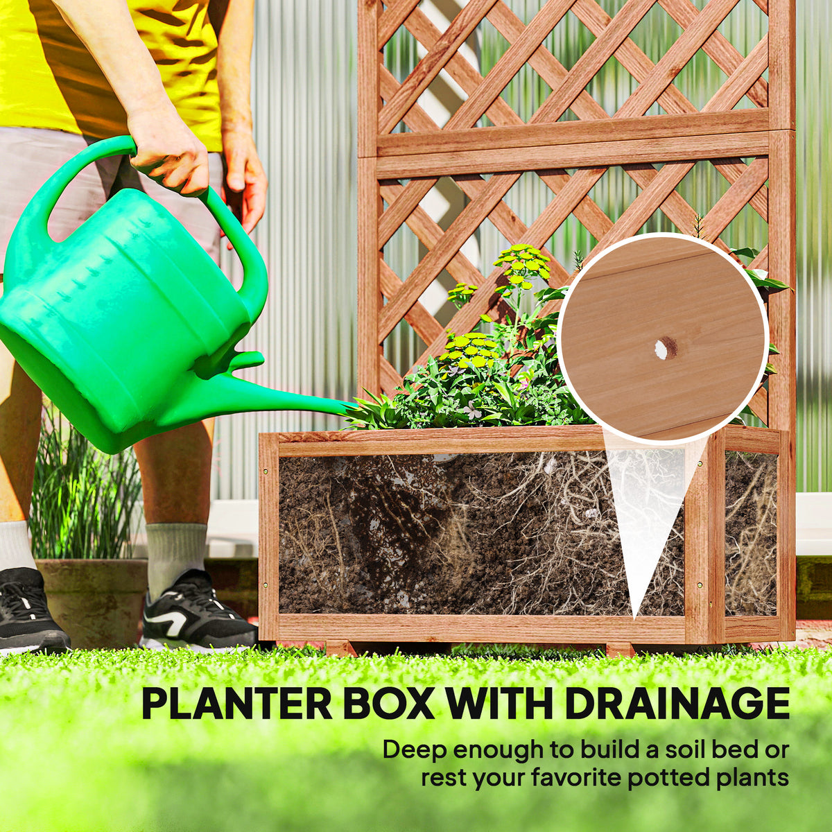 Wooden planter box with trellis and visible drainage hole beneath the soil