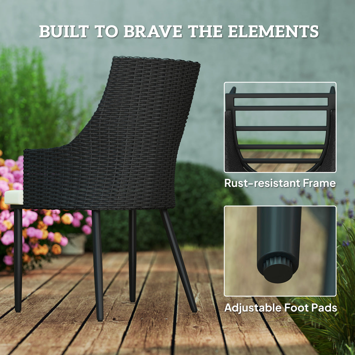 Black woven outdoor armchair with a rust-resistant steel frame and adjustable foot pads.