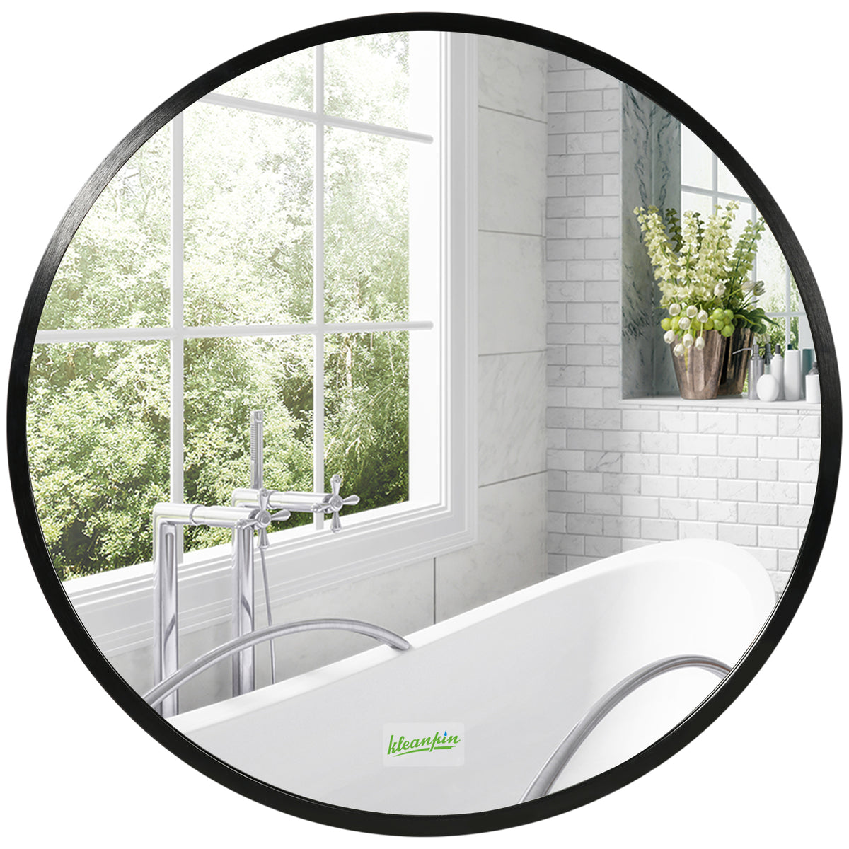 Round bathroom mirror with a slim black frame, shown above a bathtub.