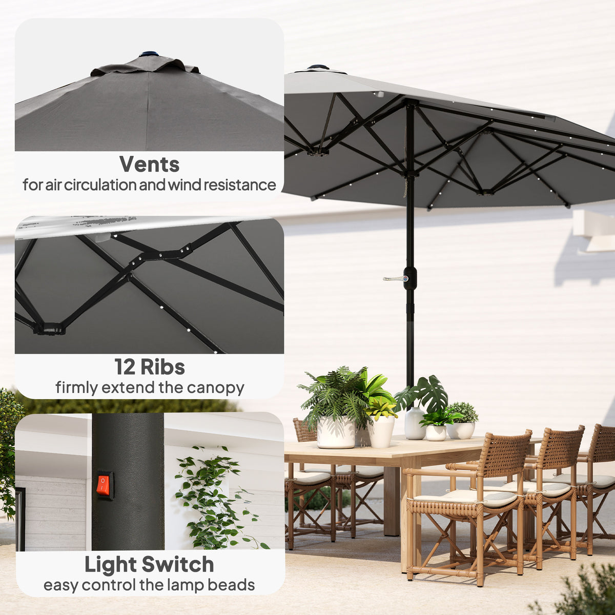 Dark gray patio umbrella with vented canopy, 12 ribs, and a light switch