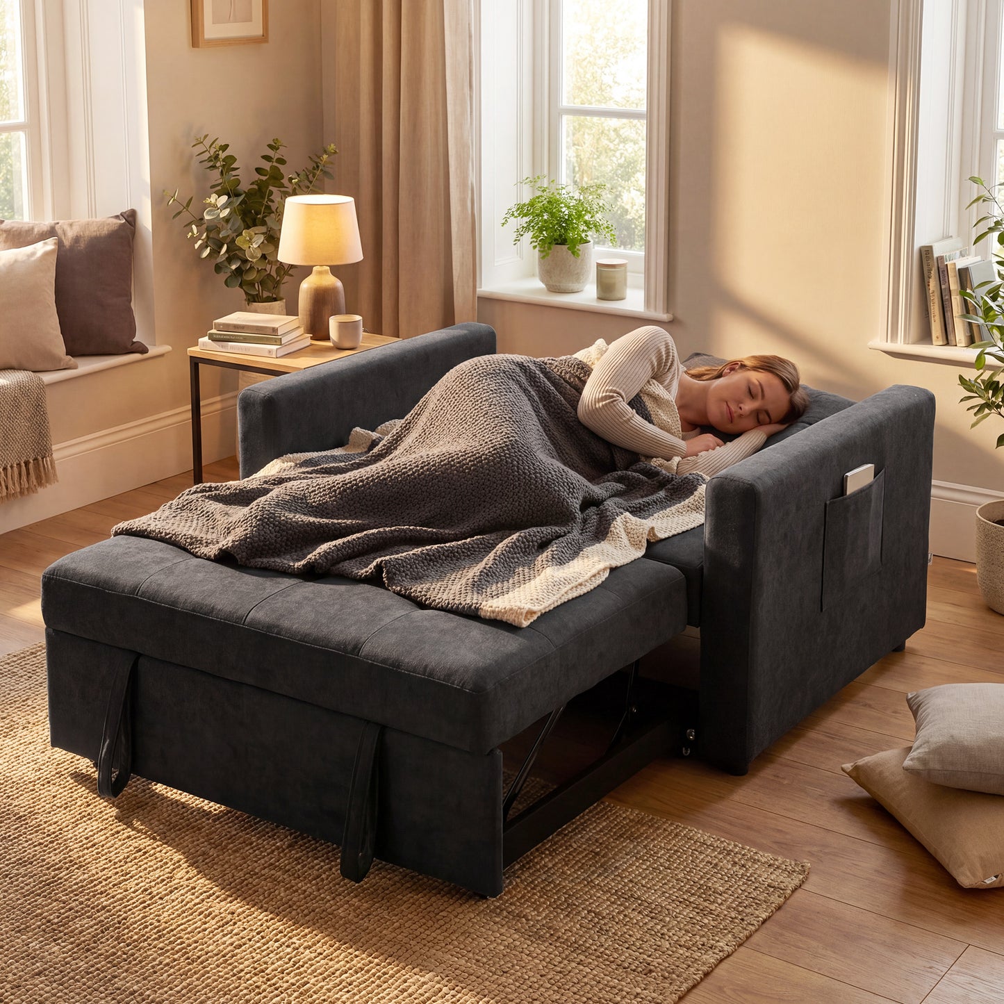HOMCOM Loveseat Sofa Bed, Convertible Bed Settee with 2 Pillows, Side Pockets, Black