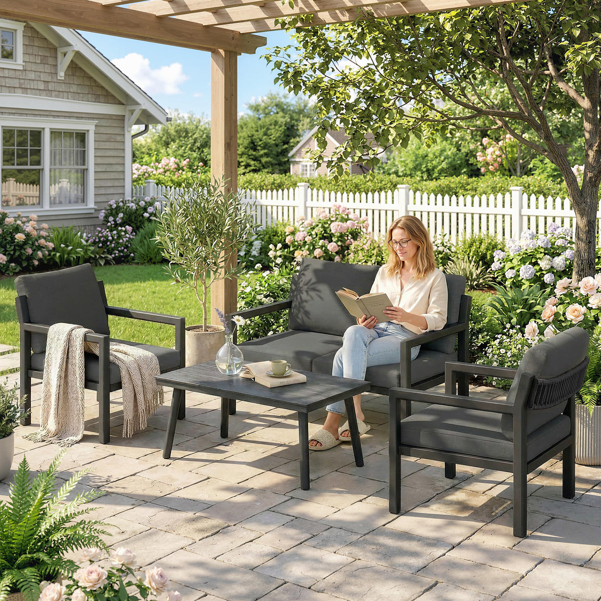 Outsunny 4 Seater Rattan Garden Furniture Set with 2 Armchairs, Loveseat, Coffee Table, Garden Sofa Set with Cushions, Dark Grey