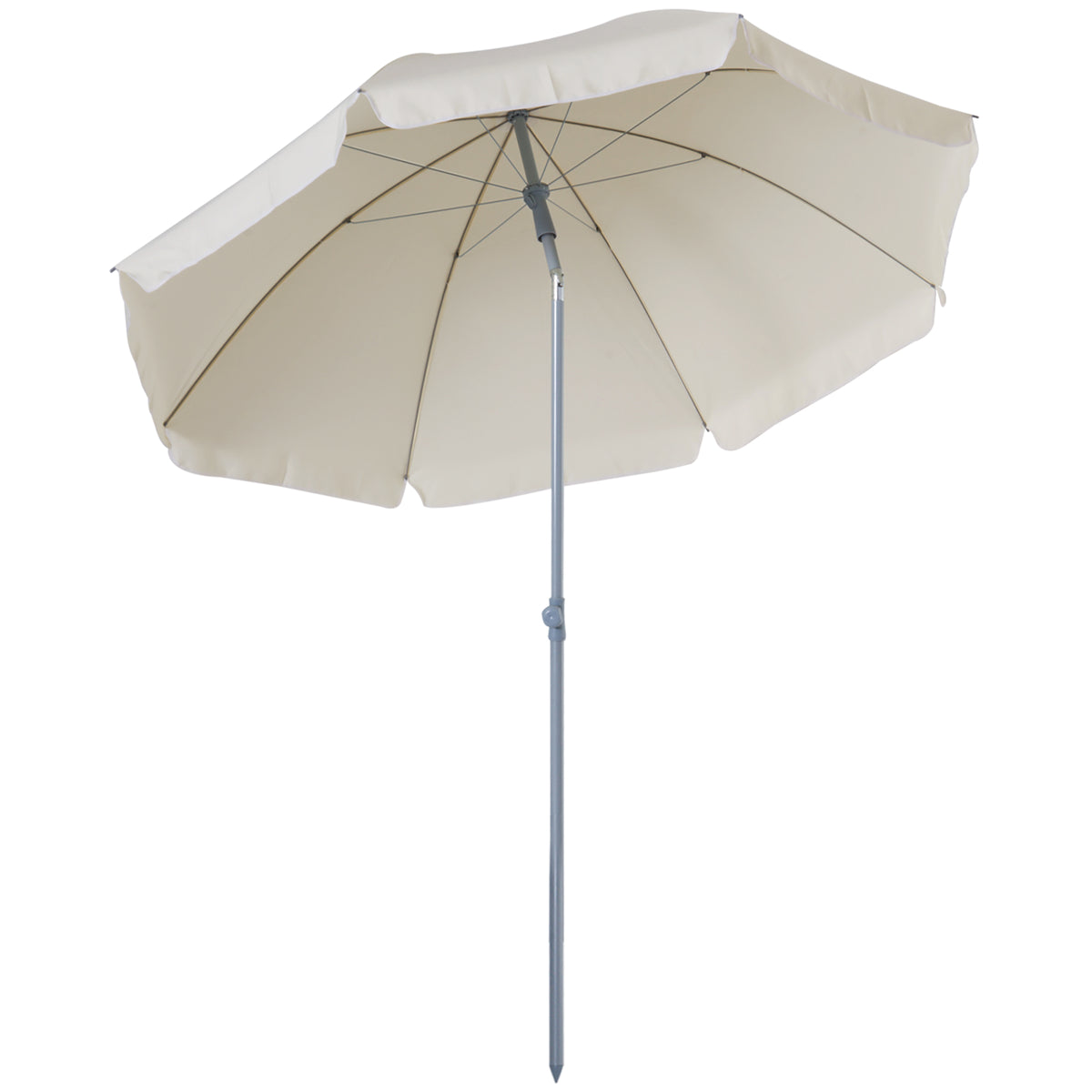 Open cream beach umbrella with a pointed metal pole