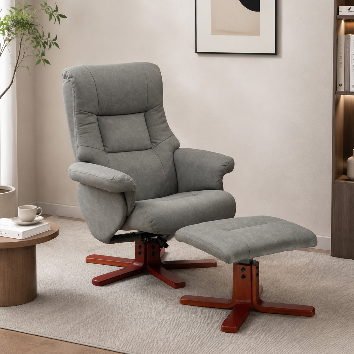 Grey padded recliner chair and matching footstool on wood-look bases