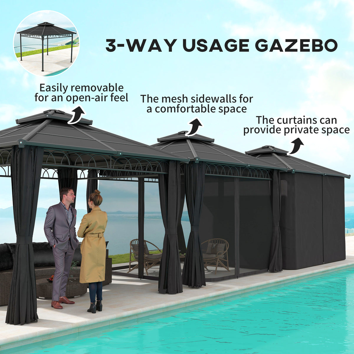 Dark grey hard-top gazebo shown with removable roof vent, mesh sidewalls and curtains.