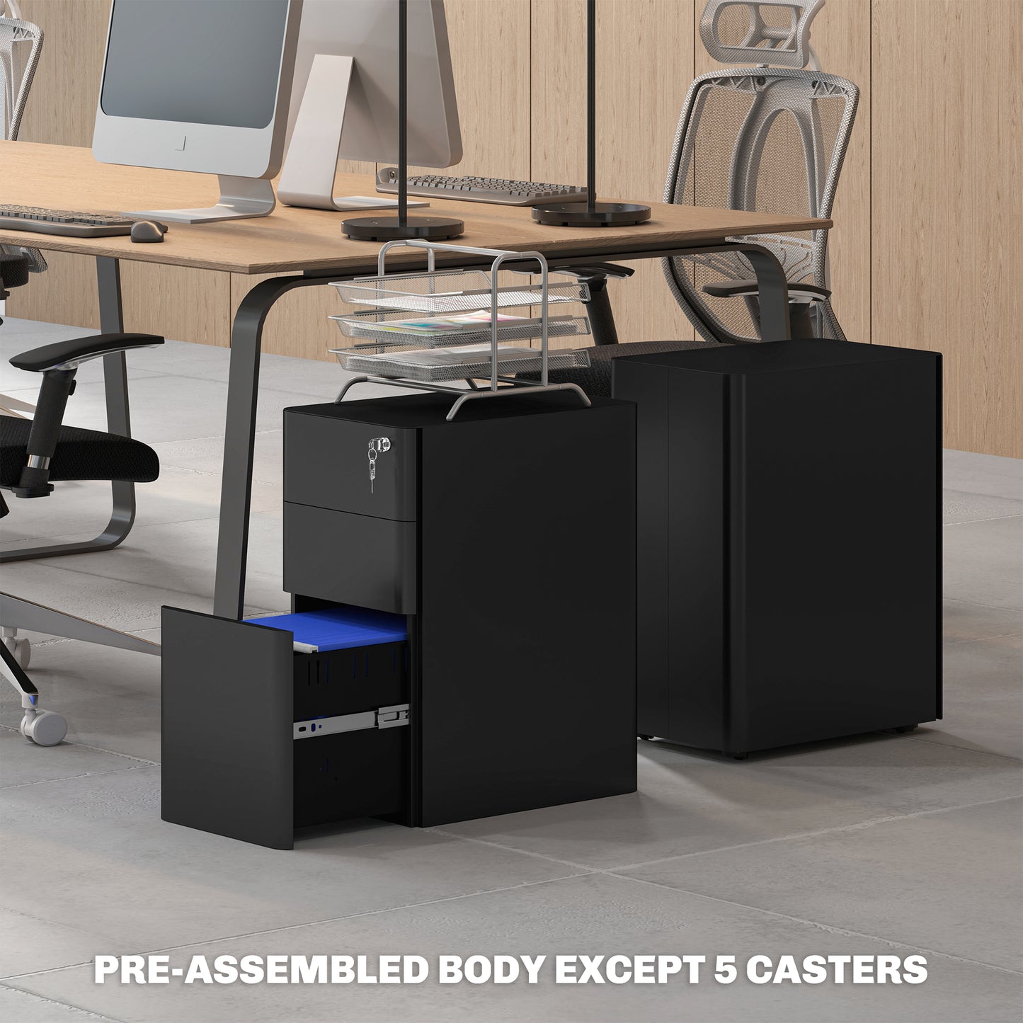 Vinsetto black filing cabinet shown with an open drawer and caster wheels