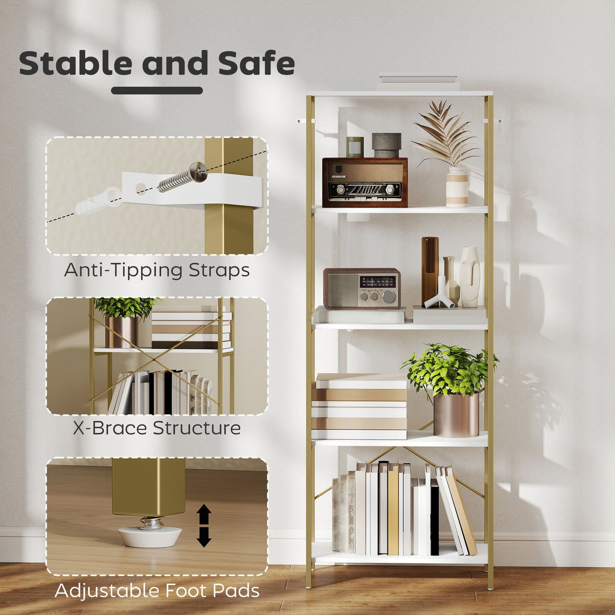 HOMCOM 5-Tier Bookshelf, Modern Bookcase with Metal Frame - White and Gold Tone