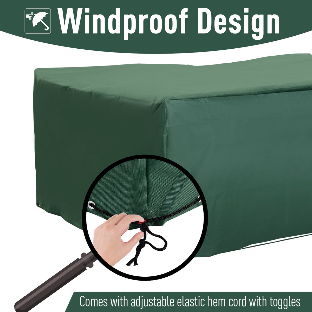 Green patio furniture cover with adjustable elastic hem cord and toggles