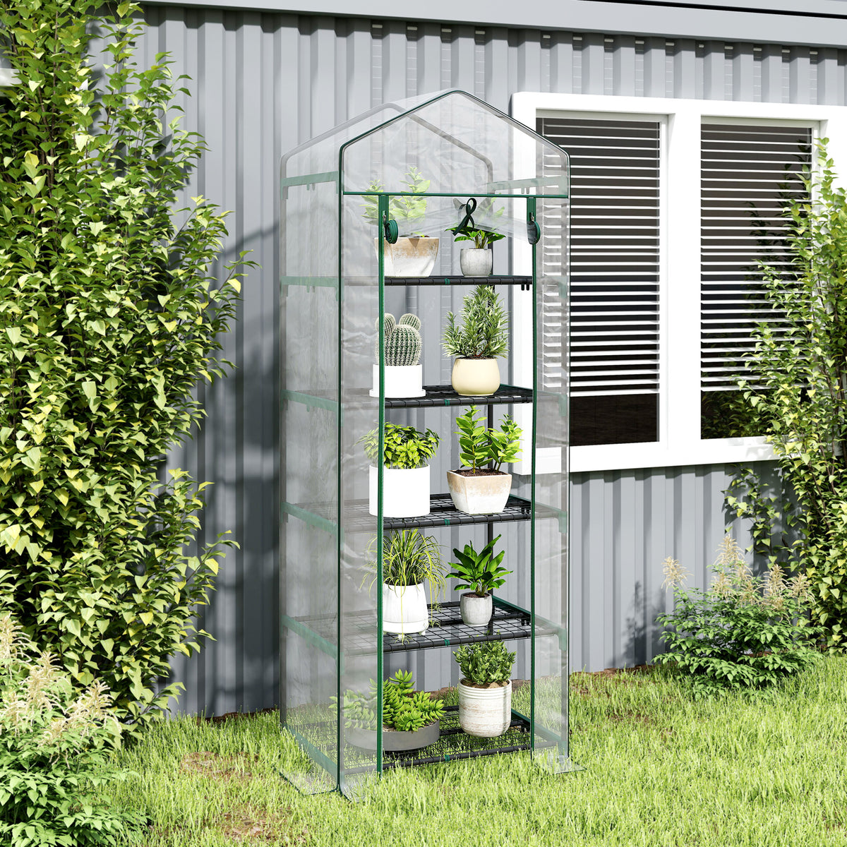 Outsunny 5 Tier Mini Greenhouse, Small Walk-in Greenhouse with Reinforced Plastic Cover, Garden Grow House with Roll Up Door and Shelves, 69 x 49 x 193cm, Green