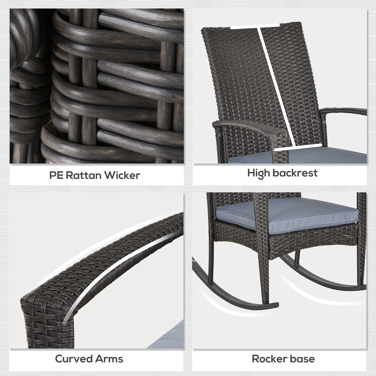 Rattan rocking chair details: woven back, curved arms, cushion, and rocker base