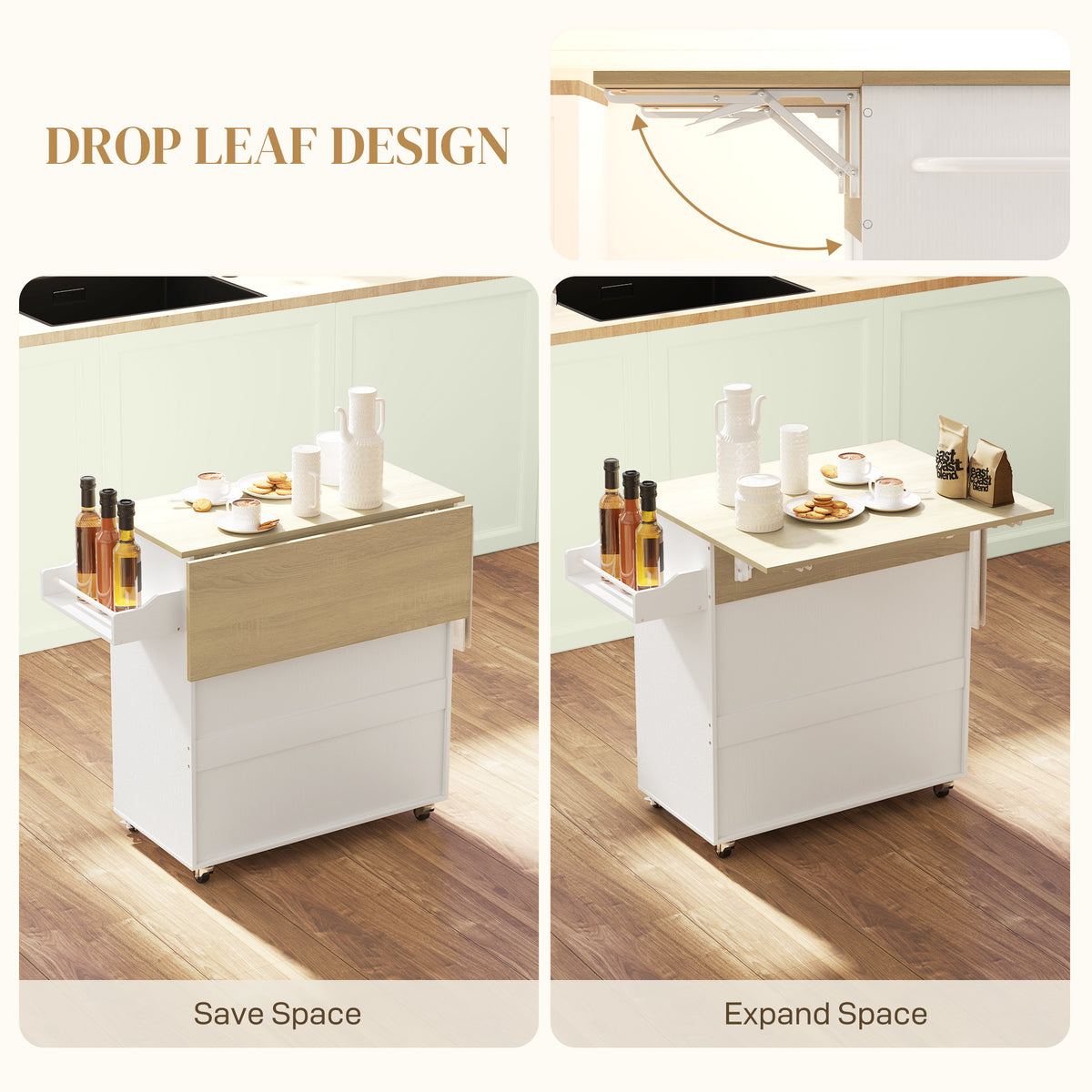 Rolling kitchen island shown with its wood-tone drop leaf folded and extended