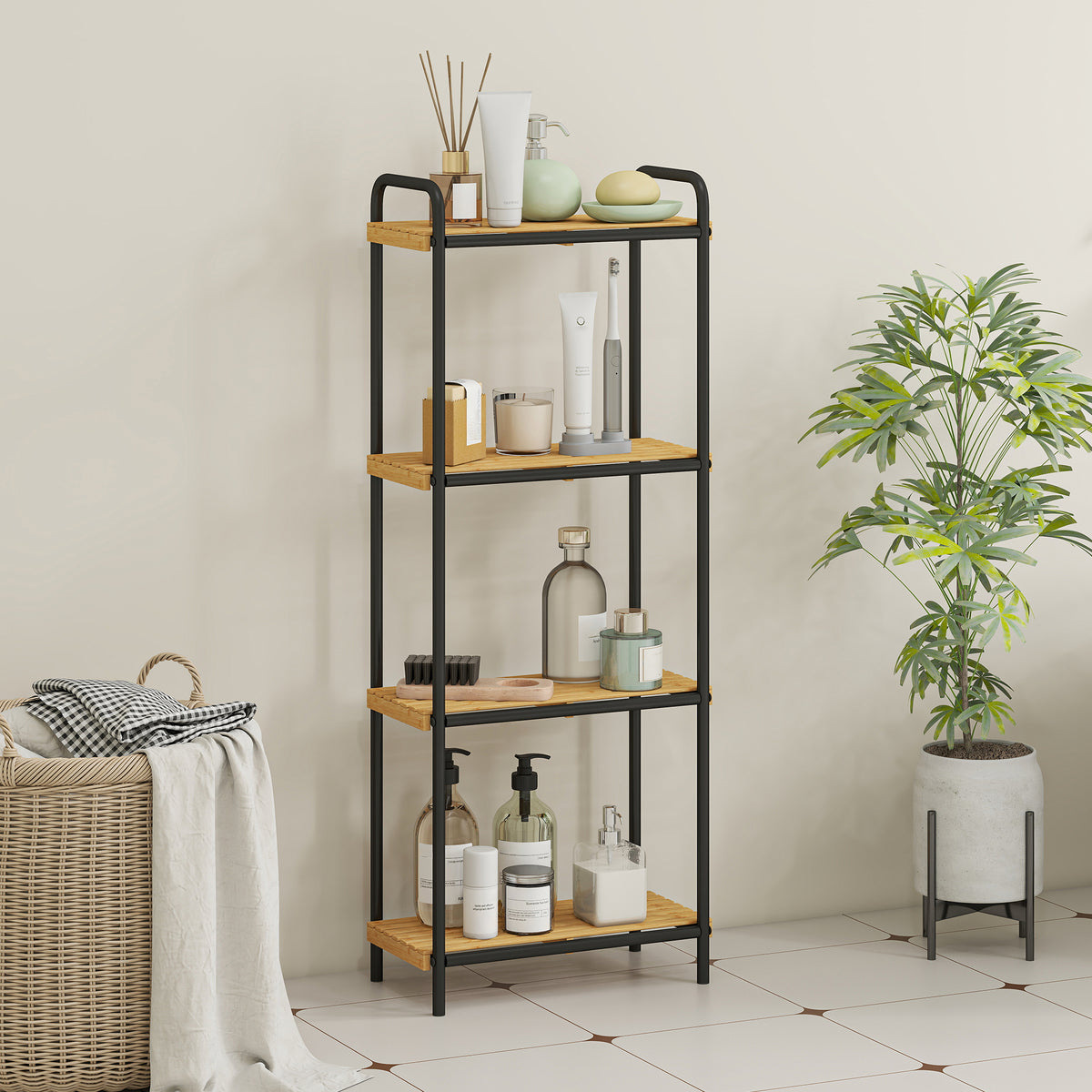 HOMCOM 4-Tier Bamboo Bathroom Storage Shelf, Freestanding Narrow Shelving Unit with Slatted Shelves for Kitchen Bathroom Living Room, 41.5 x 21.5 x 106 cm, Natural and Black