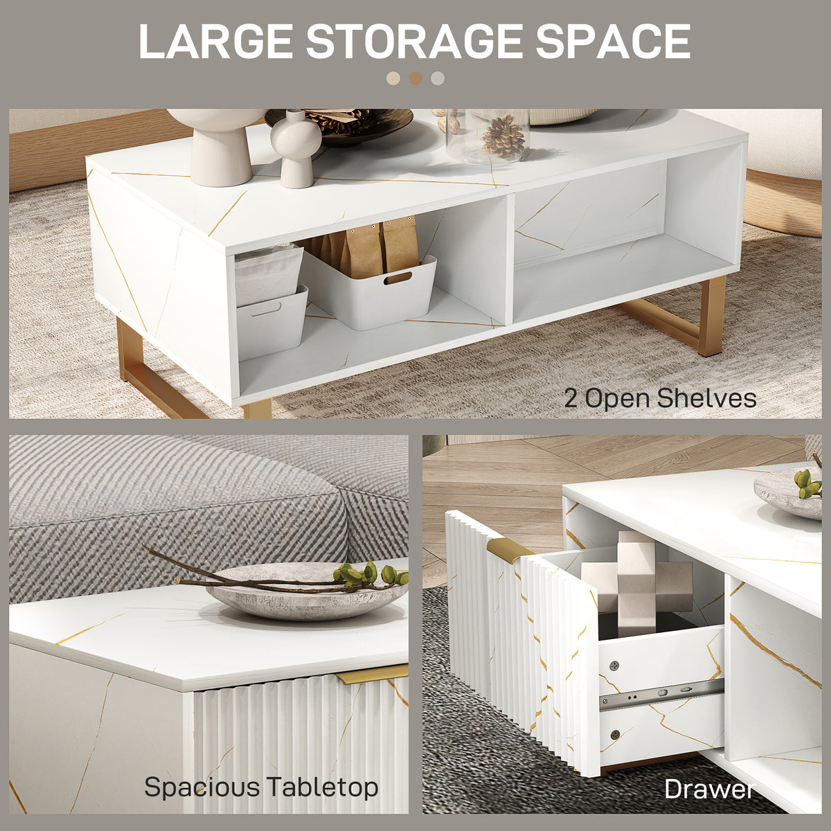 HOMCOM coffee table with open storage shelf and pull-out drawer with organizer compartments