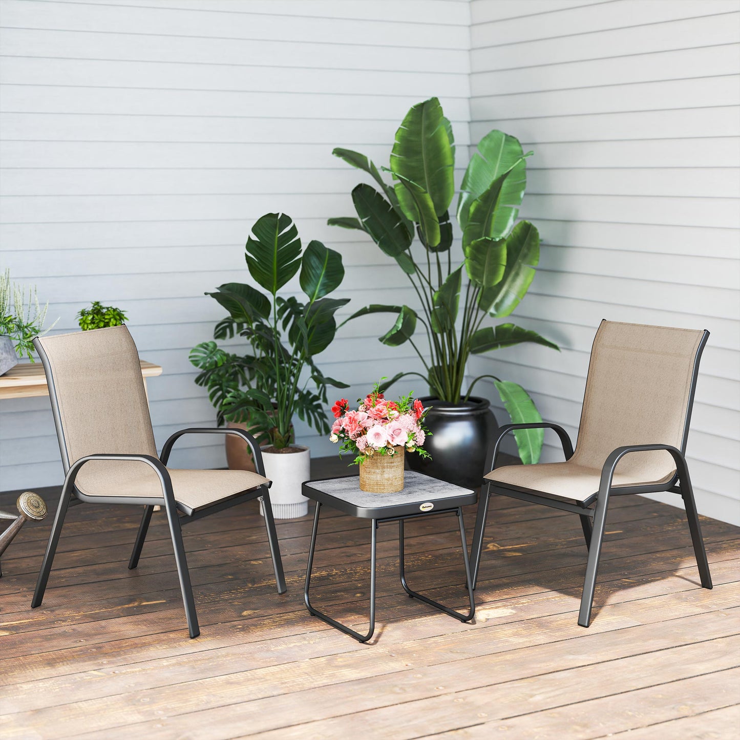 Outsunny 3 Pieces Outdoor Bistro Set, Patio Stackable Armchairs with Breathable Mesh Fabric and SPC Board Coffee Table, Brown