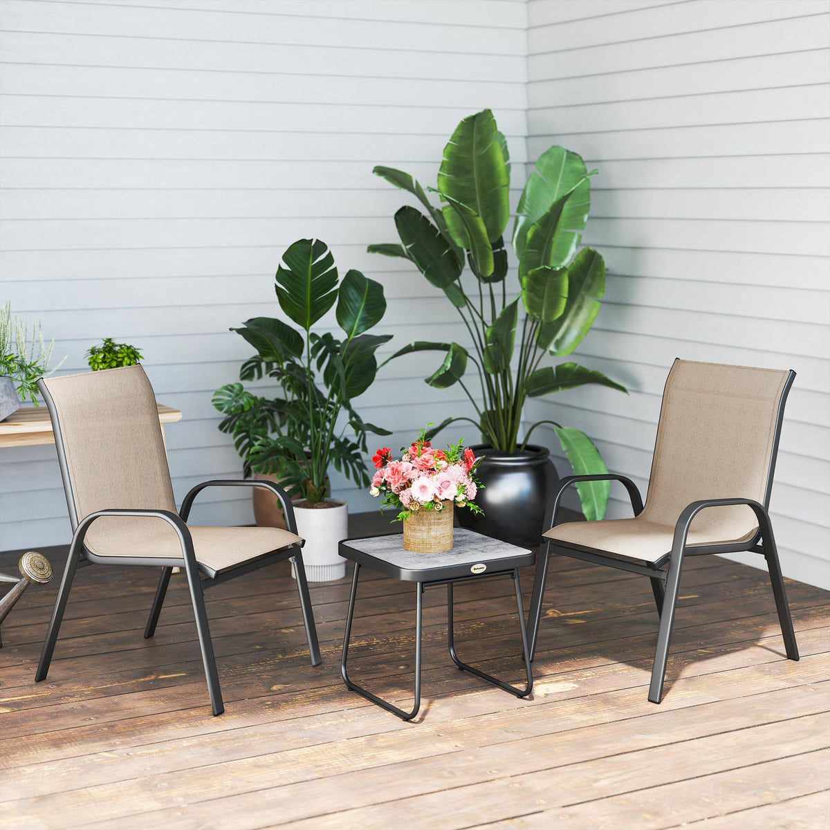 Outsunny 3 Pieces Outdoor Bistro Set, Patio Stackable Armchairs with Breathable Mesh Fabric and SPC Board Coffee Table, Brown
