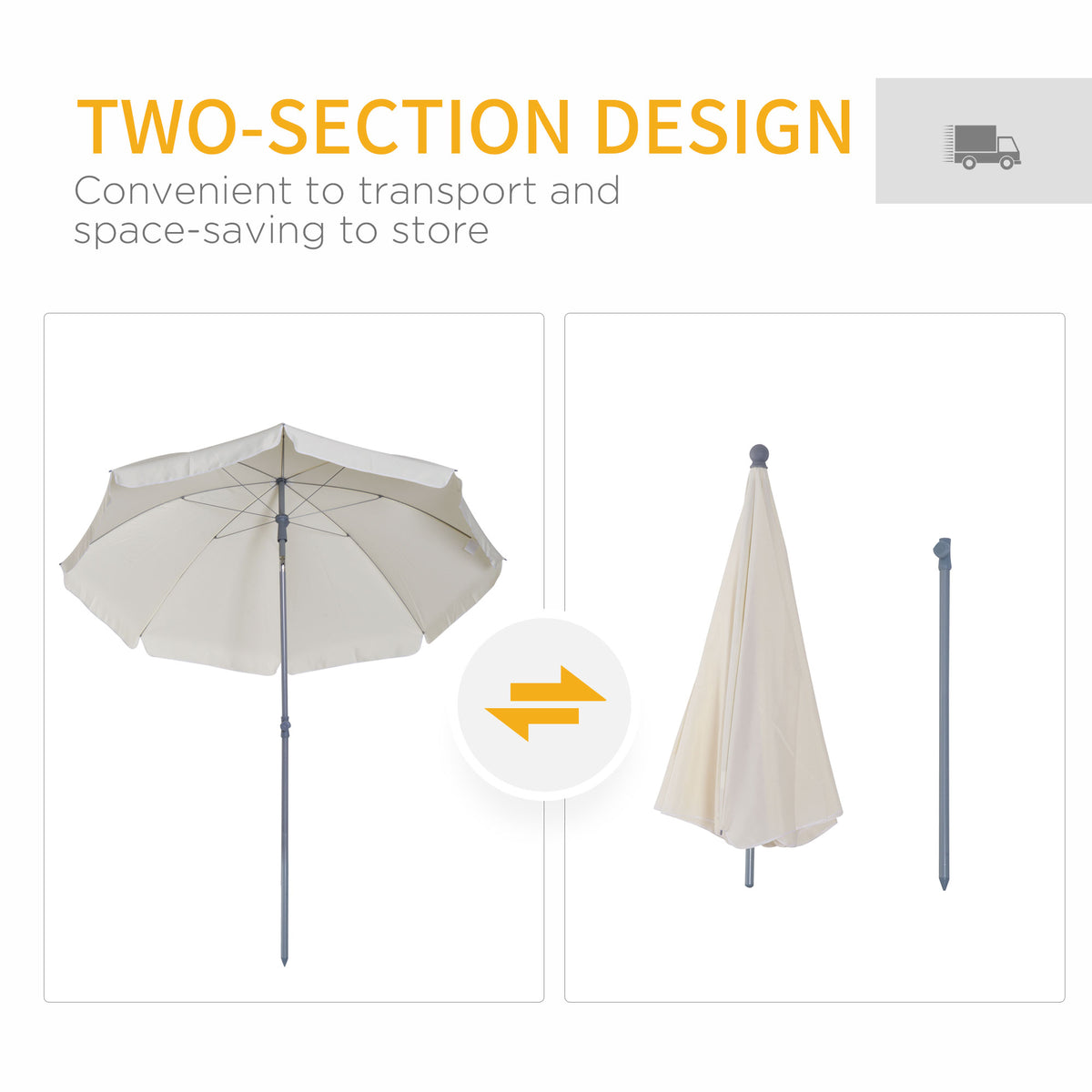 Cream beach umbrella shown open and folded into two sections for storage