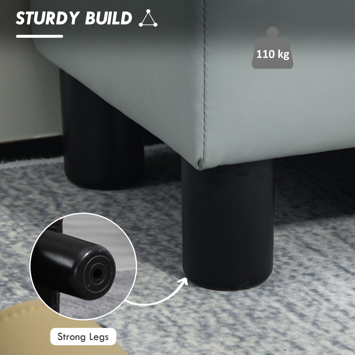 Grey footstool close-up showing a sturdy black leg and 110 kg capacity