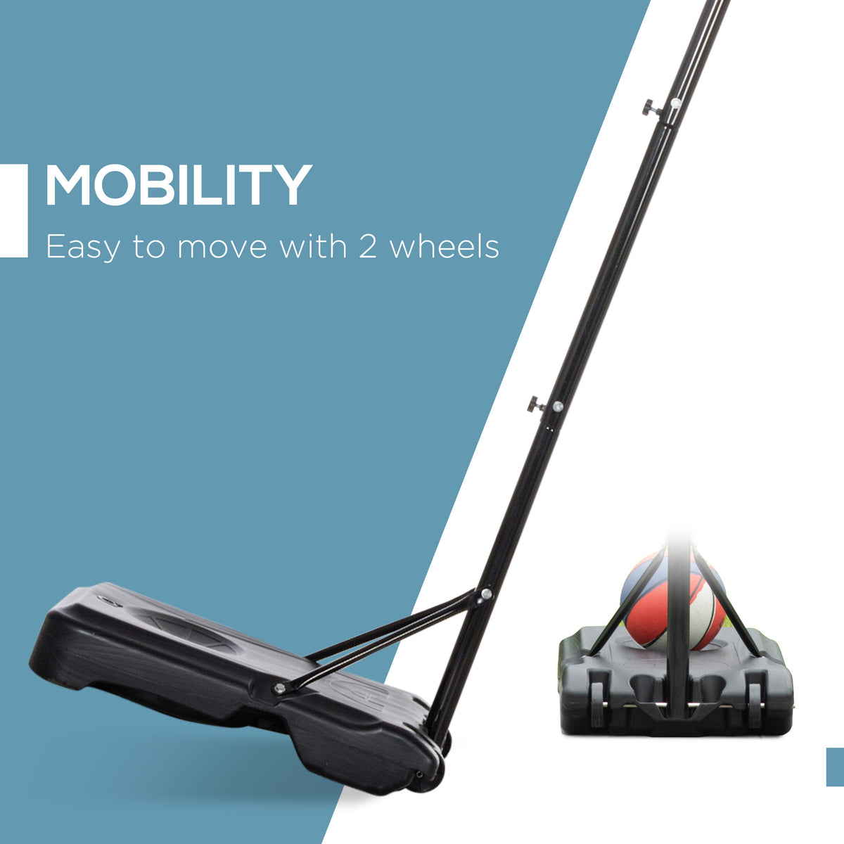 Portable basketball hoop stand with two wheels on its weighted base