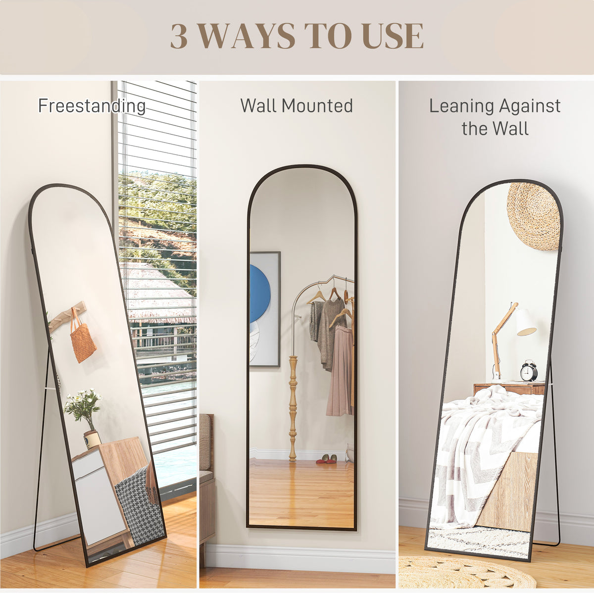Black-framed mirror shown freestanding, wall-mounted and leaning against a wall.