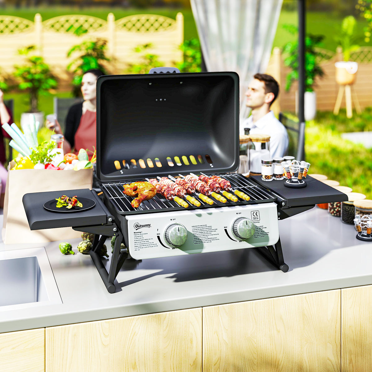 Outsunny Two-Burner Compact Gas Grill with 2 Folding Side Shelves - Black
